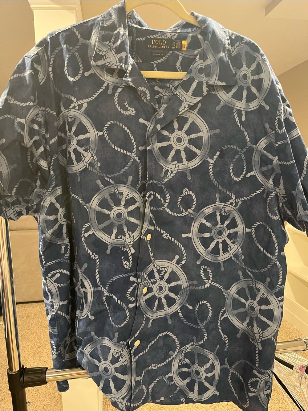 Ralph Lauren Navy and White Nautical Wheel Print Button-Down Shirt